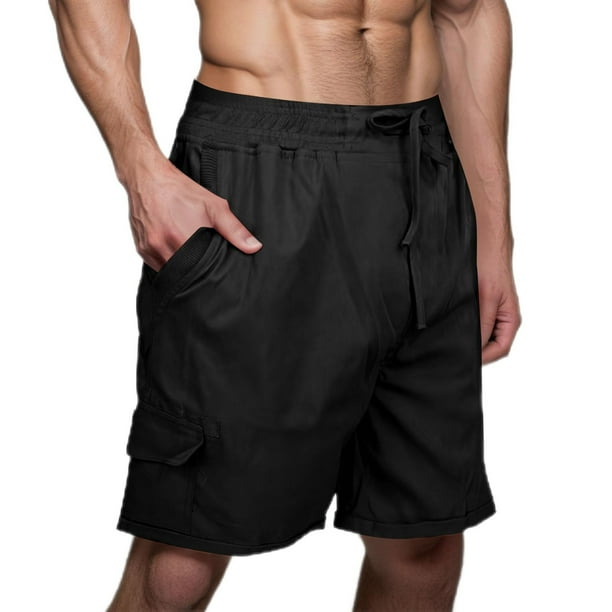 Pantalones Cortos de Carga de Cintura Elástica para Hombres Multi Bolsillo Imitación de Lino, Rodilla Longitud Cordón Deportes