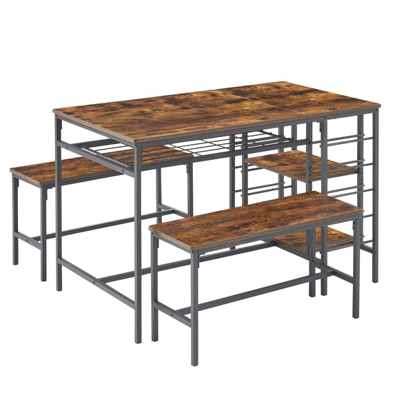 47" Dining Table Set for 4, 3 Pieces Kitchen Table Set with 2 Benches, Wine Rack and 2-Tier Storage Shelves, Space-Saving Breakfast Table Set for Apartment, Retro Brown