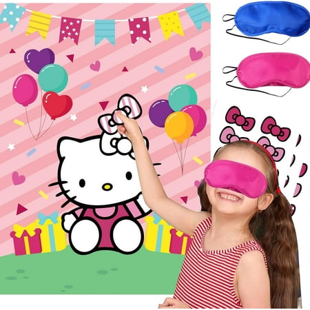 Cute Party Decorations - Hello Kitty Cartoon Party Supplies Include Large Poster with 24 Pcs Stickers, Pin The bow Sticker Party Game for Birthday Favors