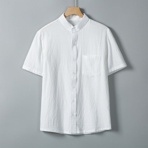 pstuiky camisetas de manga corta para hombre, Camisa informal de manga corta con cuello alto, bolsillos y botones de color liso para hombre camisas casuales para hombre xl