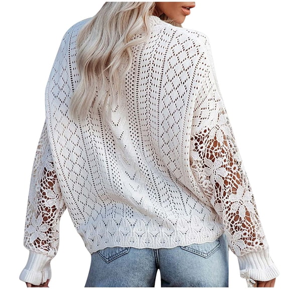 Knit Cardigans for Women Button Down Open Front Sweater Hollow Out Lace Long Sleeved Pullover Ladies V Neck Tops (XL, White)