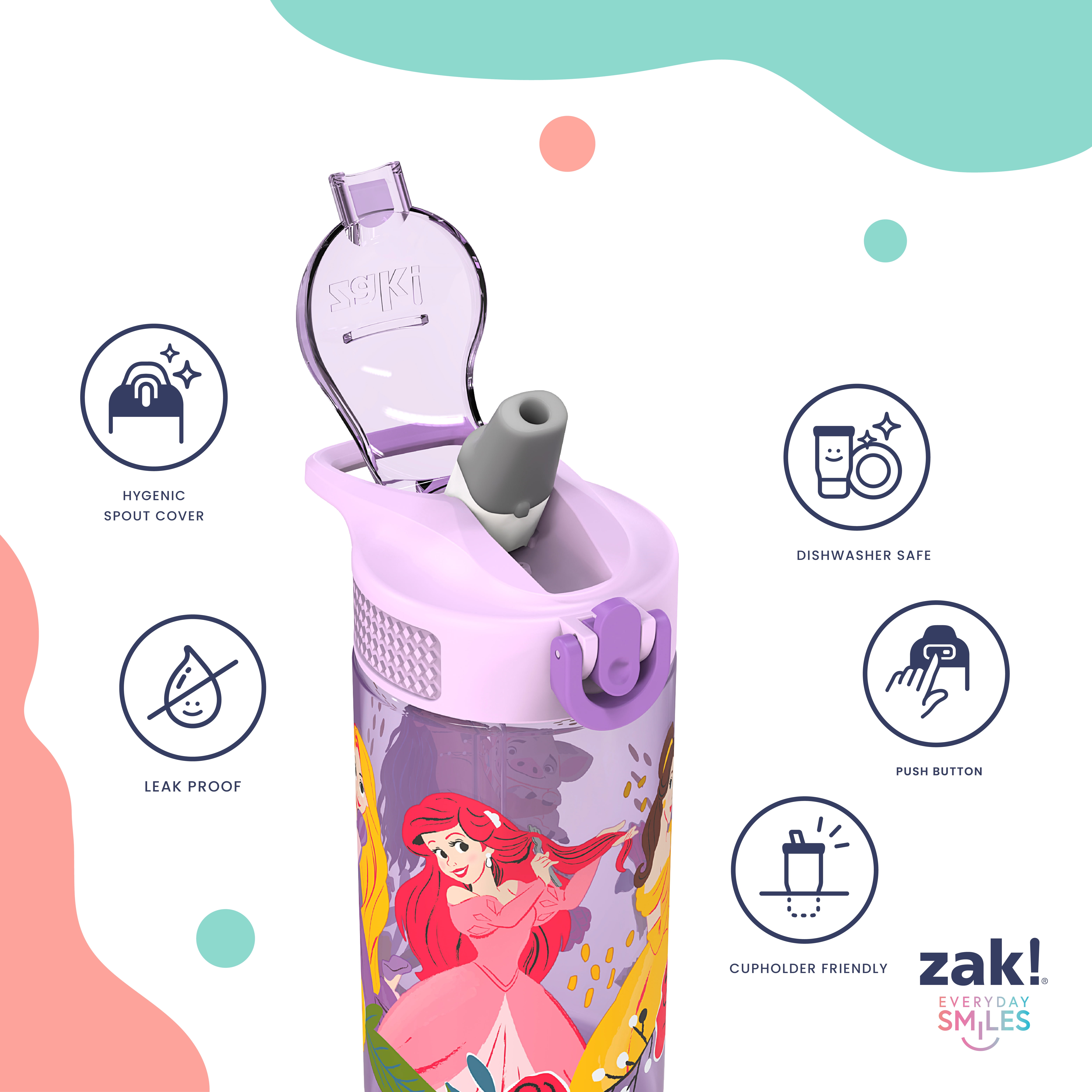 (15 pack) Zak Designs 16oz Princess Kids Straw Water Bottle, Durable Plastic Park Bottle with Easy-Open Locking Spout Cover for Travel, Built in Carry Handle