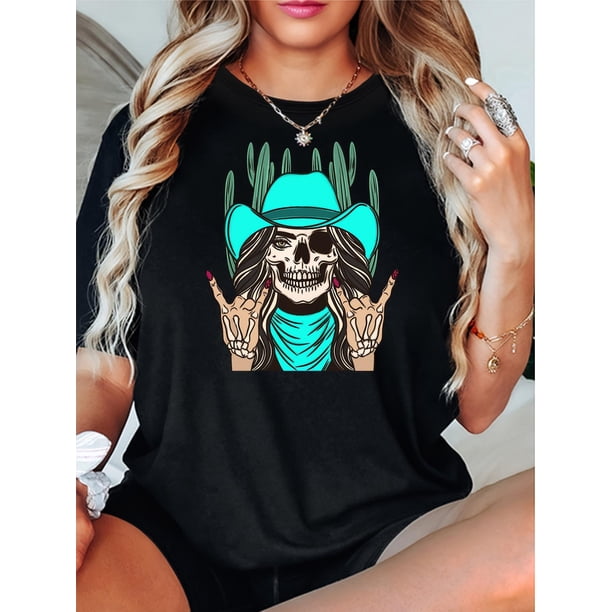 Camiseta deportiva de cuello redondo con estampado de calavera, manga corta, para correr, para mujer, para adultos, hombres, mujeres, adolescentes, jóvenes, deportiva, informal.