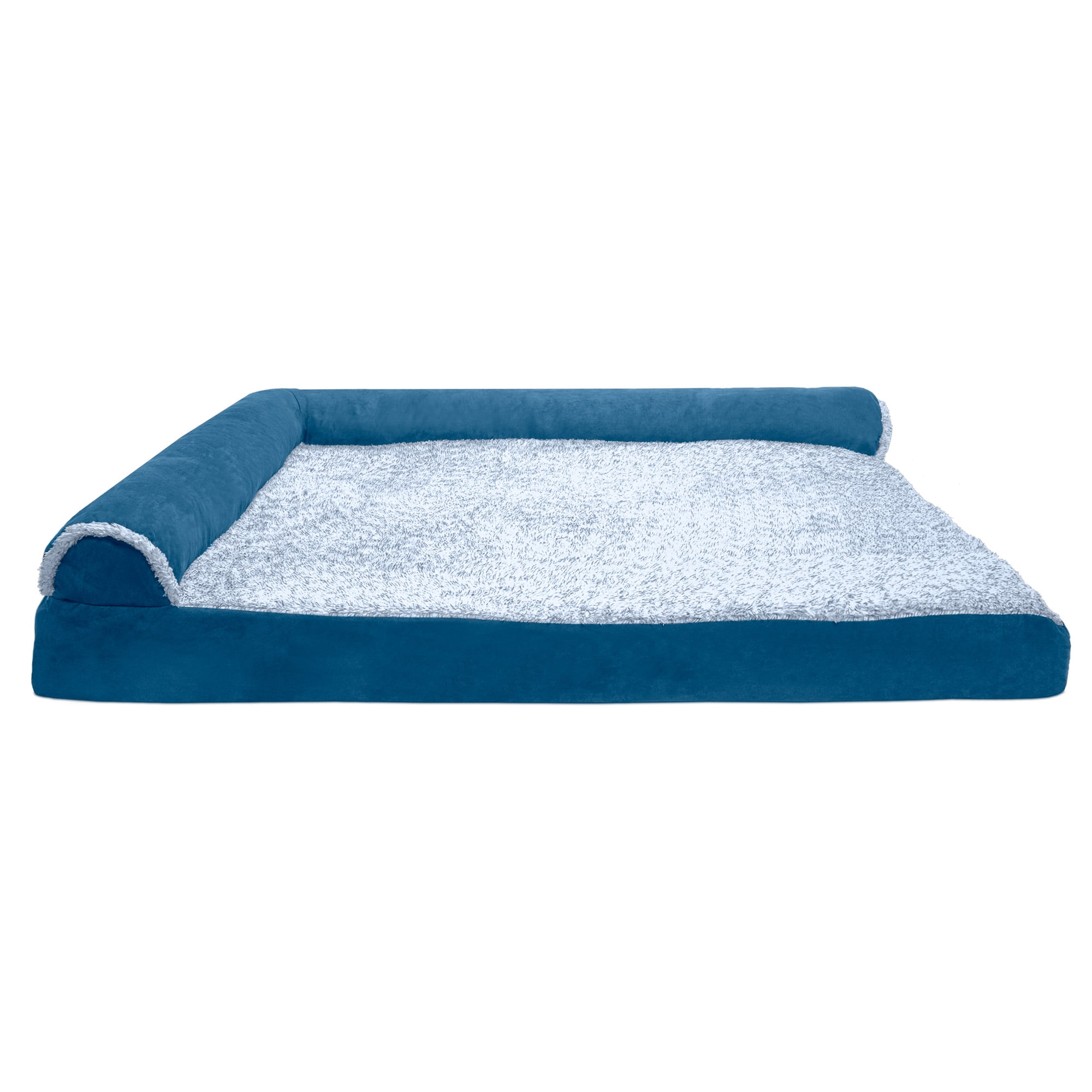 FurHaven Pet Products Two-Tone Faux Fur & Suede Memory Top Deluxe Chaise Lounge Pet Bed for Dogs & Cats - Marine Blue, Jumbo Plus