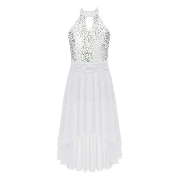 YIZYIF Girls Youth Shiny Sequins Bodice High Low Hem Dance Dress Tweens Halter Ballet Lyrical Performance Costume