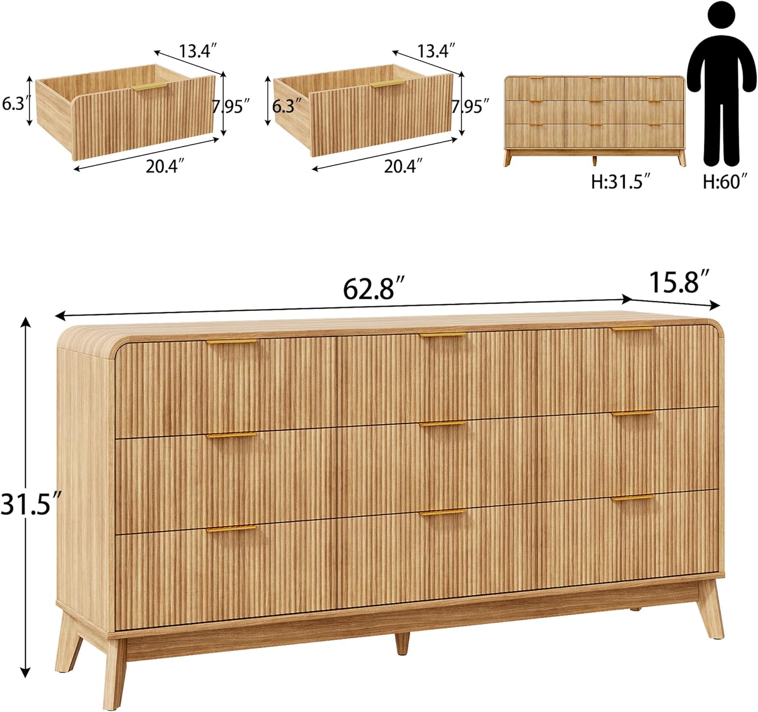 Akaber Modern Dresser, Fluted 9-Drawer Chest of Drawers for Bedroom, 48" Wide Handleless Wooden Dresser TV Stand for Living Room Entryway