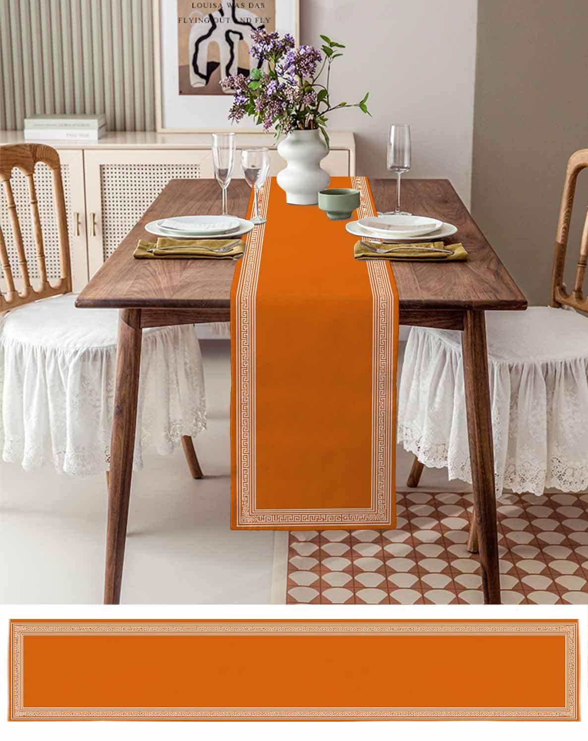 Burnt Orange Geometric Burlap Cotton Table Runner 13x90 Inches Long, Country Greece Key Art Farmhouse Table Runners, Outdoor Dining Tablecloths Decor for Baby Shower/Party/Wedding