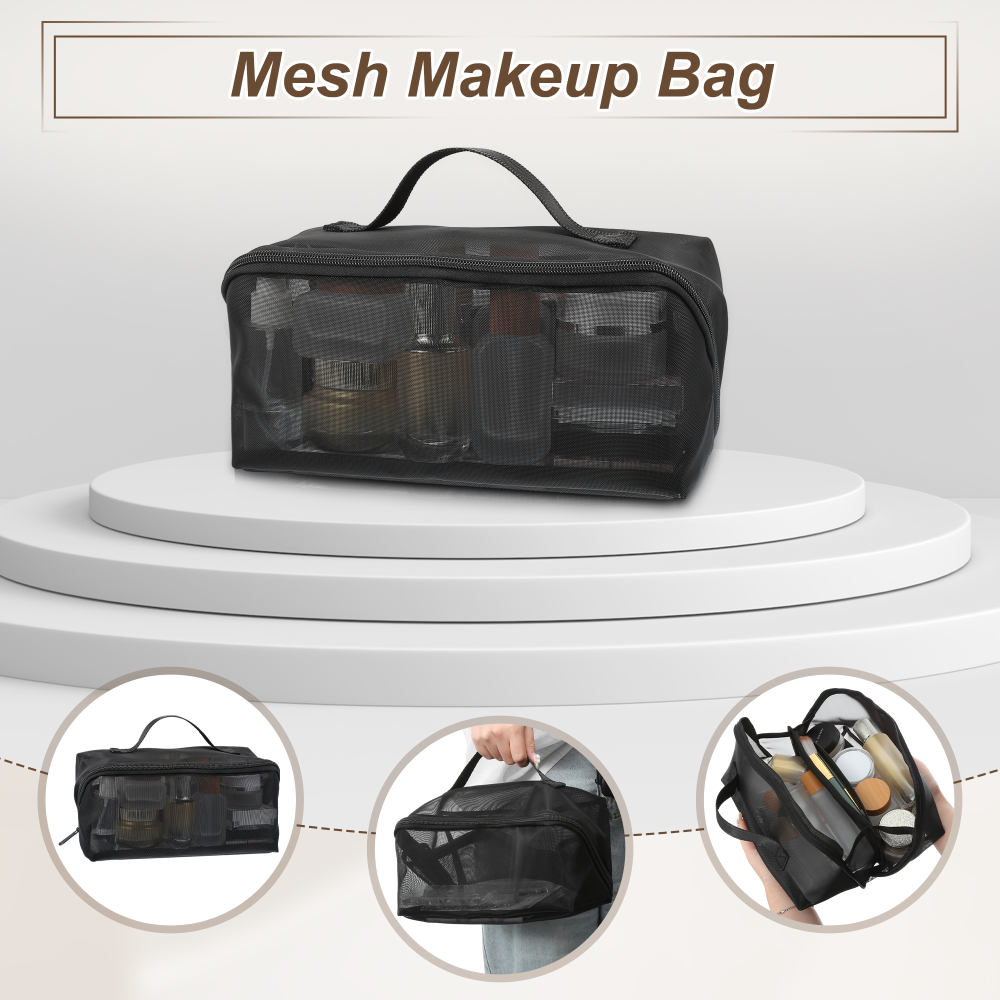 Unique Bargains Mesh Makeup Bag Large Makeup Bag Clear Mesh Pouch with Zipper Black