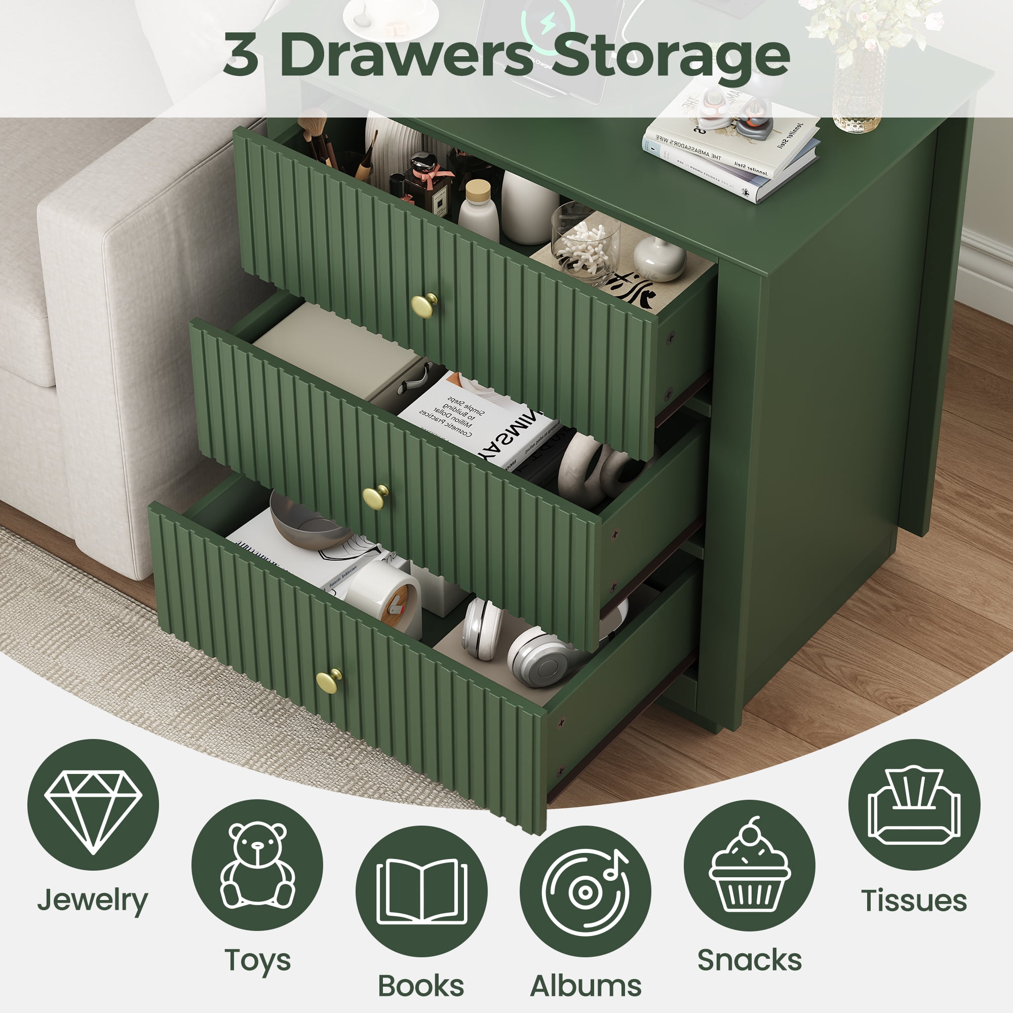 IDEALSOUL Nightstand Set of 2, 24" Wide End Table with Storage, Fluted Nightstand with USB Charging Station, Large 3 Drawers nightstand for Bedroom Living Room(2pc, Green)