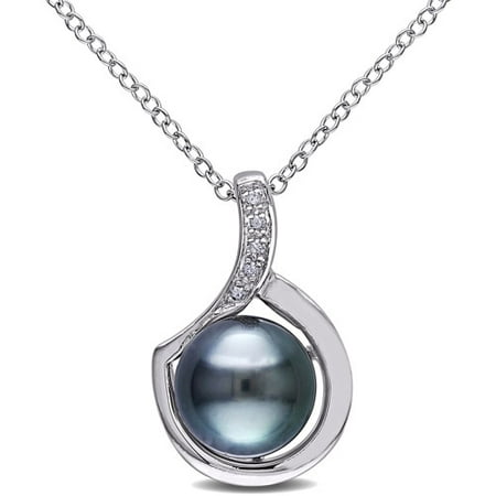 9-9.5mm Black Round Tahitian Pearl and Diamond-Accent Sterling Silver Fashion Pendant, 18