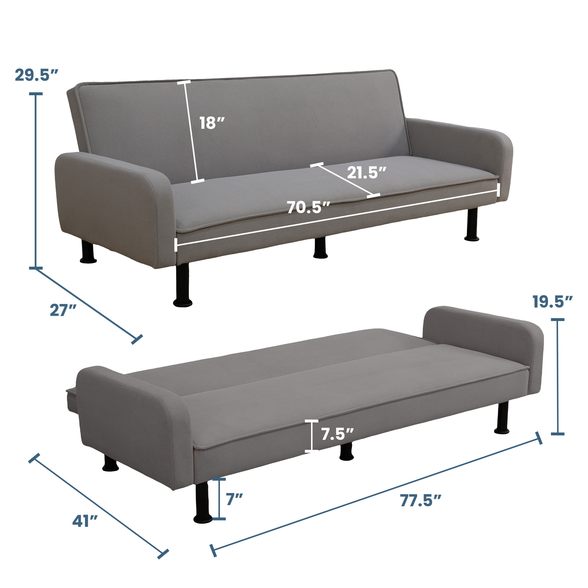 Aukfa 78" Square Arm Futon Sofa Bed Upholstered 3 Seat Couch for Home Office, Flannel, Gray