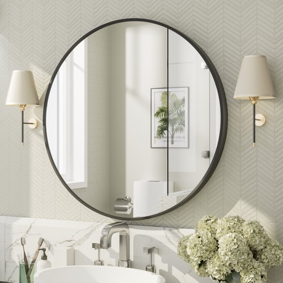 GODCHAR 24 inch Round Wall Mirror, Brushed Aluminum Frame Shatterproof Vanity Mirror
