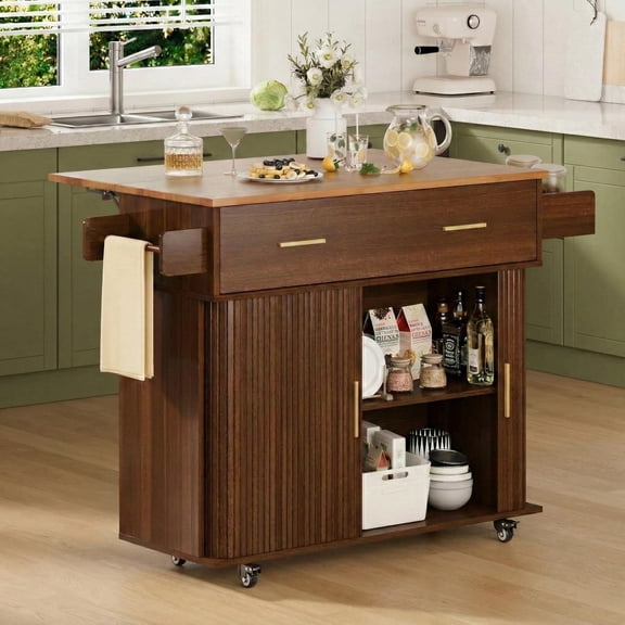 Aisword Rolling Kitchen Island with Drop Leaf Countertop, Mobile Kitchen Cart on Wheels, Sliding Door, Drawers, Spice Rack & 2-Tier Storage, Walnut