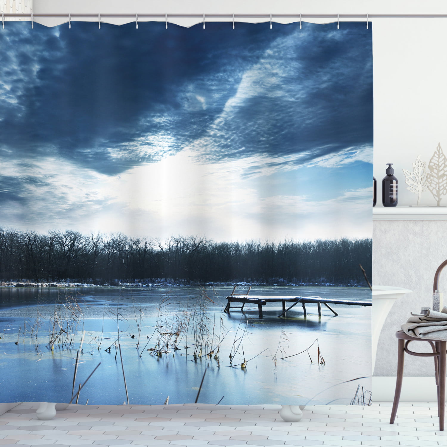 Details about   Winter Shower Curtain Mountain Frozen Lake Print for Bathroom