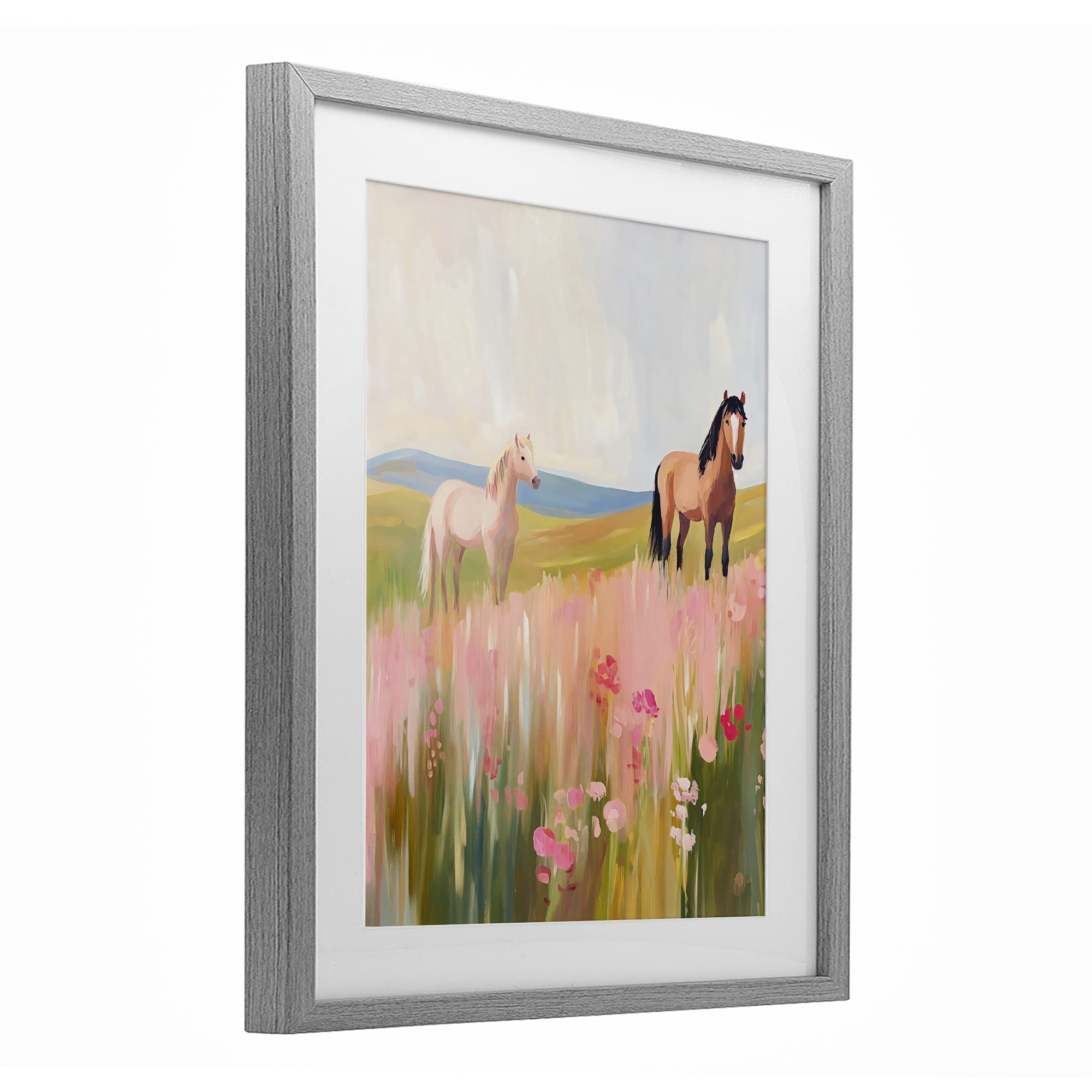 Stupell Industries Wild Horses in Pink Meadow Gray Framed Print Under Glass, design by The Prints Vibe
