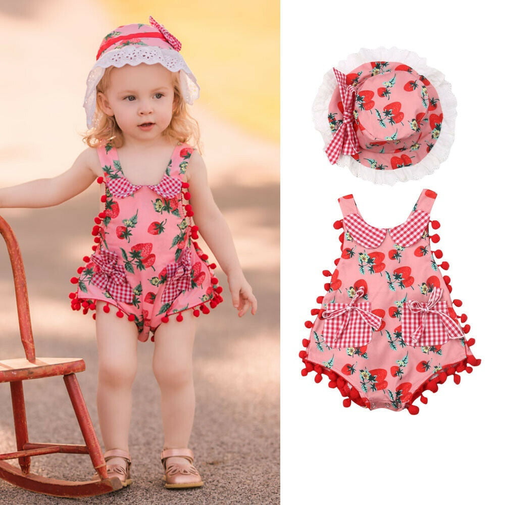 Beautiful Infant Baby Girl Floral Print Romper Jumpsuit+Strap Skirt 2Pcs Outfits 