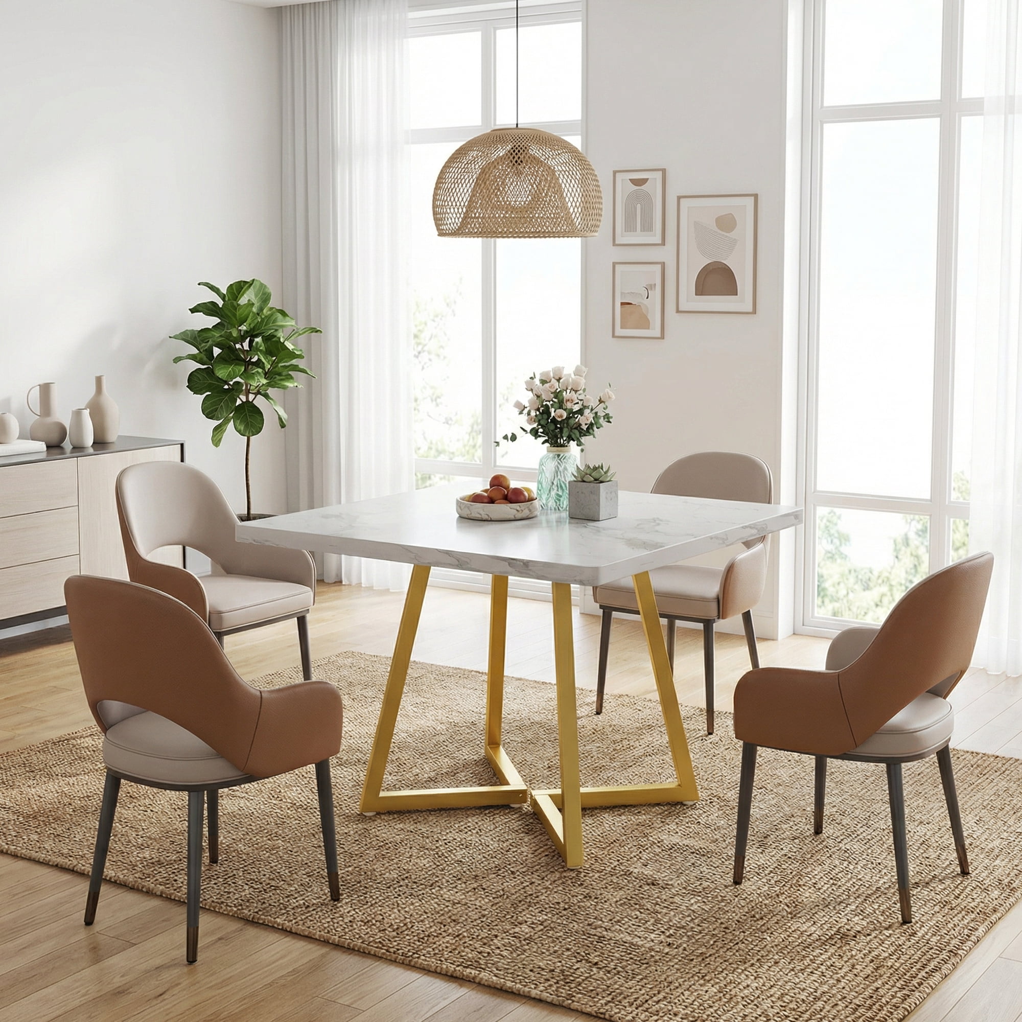 31.5 Inch Square Dining Table, Industrial Style Small Kitchen Table With Sturdy Metal Base, Space-Saving Dinner Table For 2-4 People, White & Gold Finish For Elegant Home Decor
