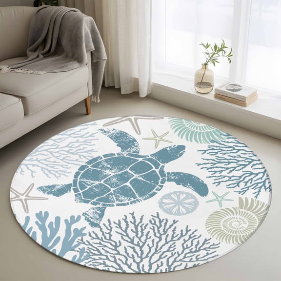 Summer Round Rugs for Living Room 3ft Teal Blue Khaki Coastal Ocean Sea Turtle Coral Seashell Non Slip Circle Rug Washable Low-Profile Indoor Carpet for Bedroom, Dining Room, Bathroom