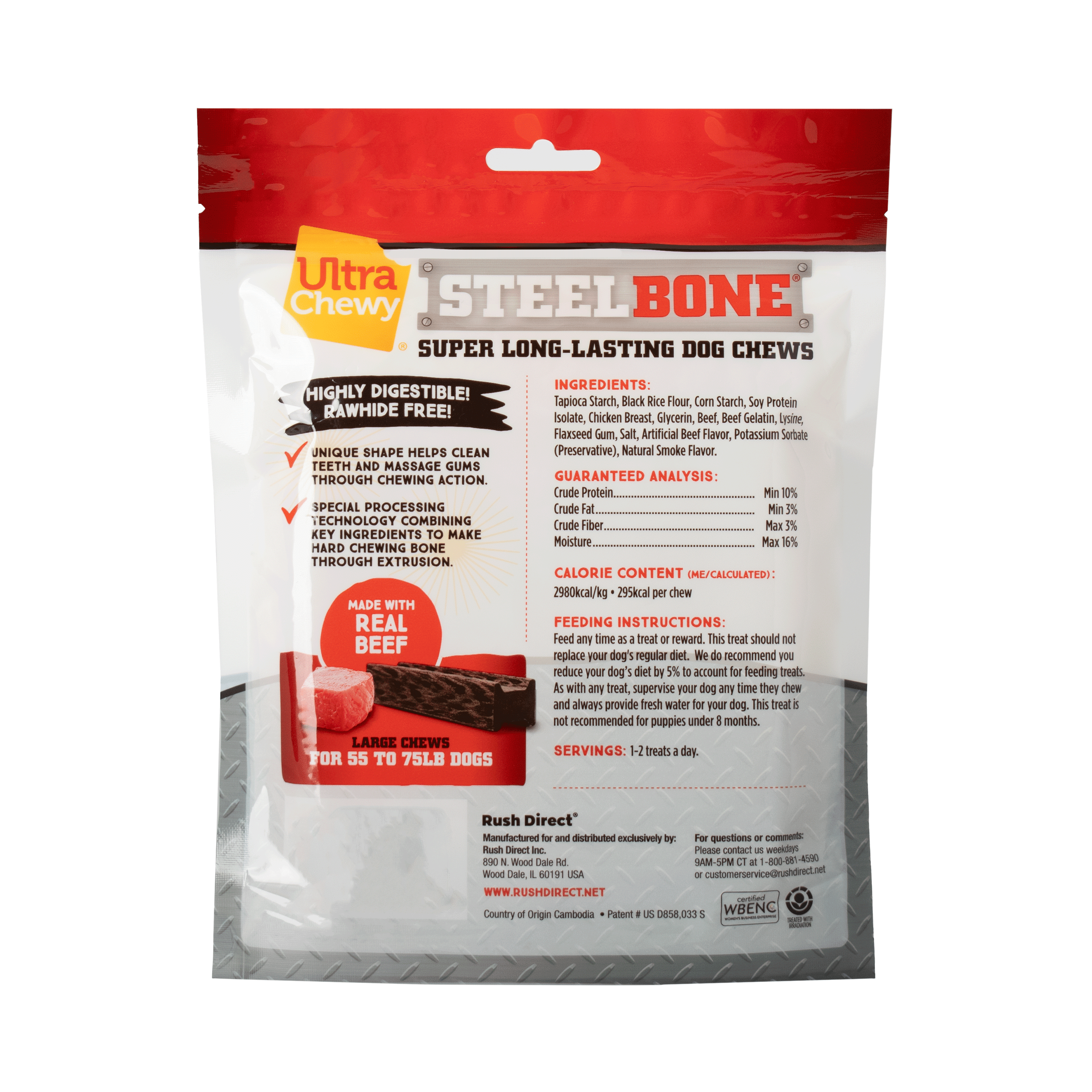 Ultra Chewy Steel Bones Beef Treat for Dogs, Large (2 Pack)