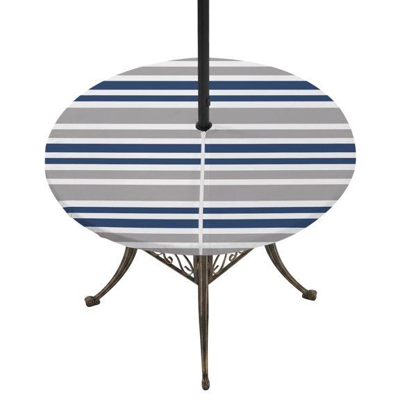 Round Outdoor Tablecloth with Umbrella Hole and Zipper, Navy Blue Grey Striped Tablecloth with Elastic Waterproof, Horizontal Lines Simple Minimalist Patio Table Covers for 45" - 54" Pool Tables