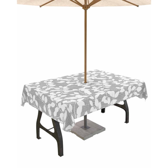 Fsddascl Grey White Botanical Outdoor Tablecloth - 60x102 Inch Rectangle Dining Table Cover, Pastoral Spring Floral Summer Art Waterproof Outdoor Table Cloth with Umbrella Hole & Zipper for Patio
