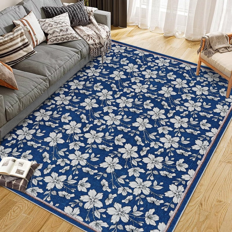 8'x10' Area Rugs Boho Floral Bedroom Washable Low Pile Non Slip Indoor Carpet for Nursery Playroom Living Room Blue