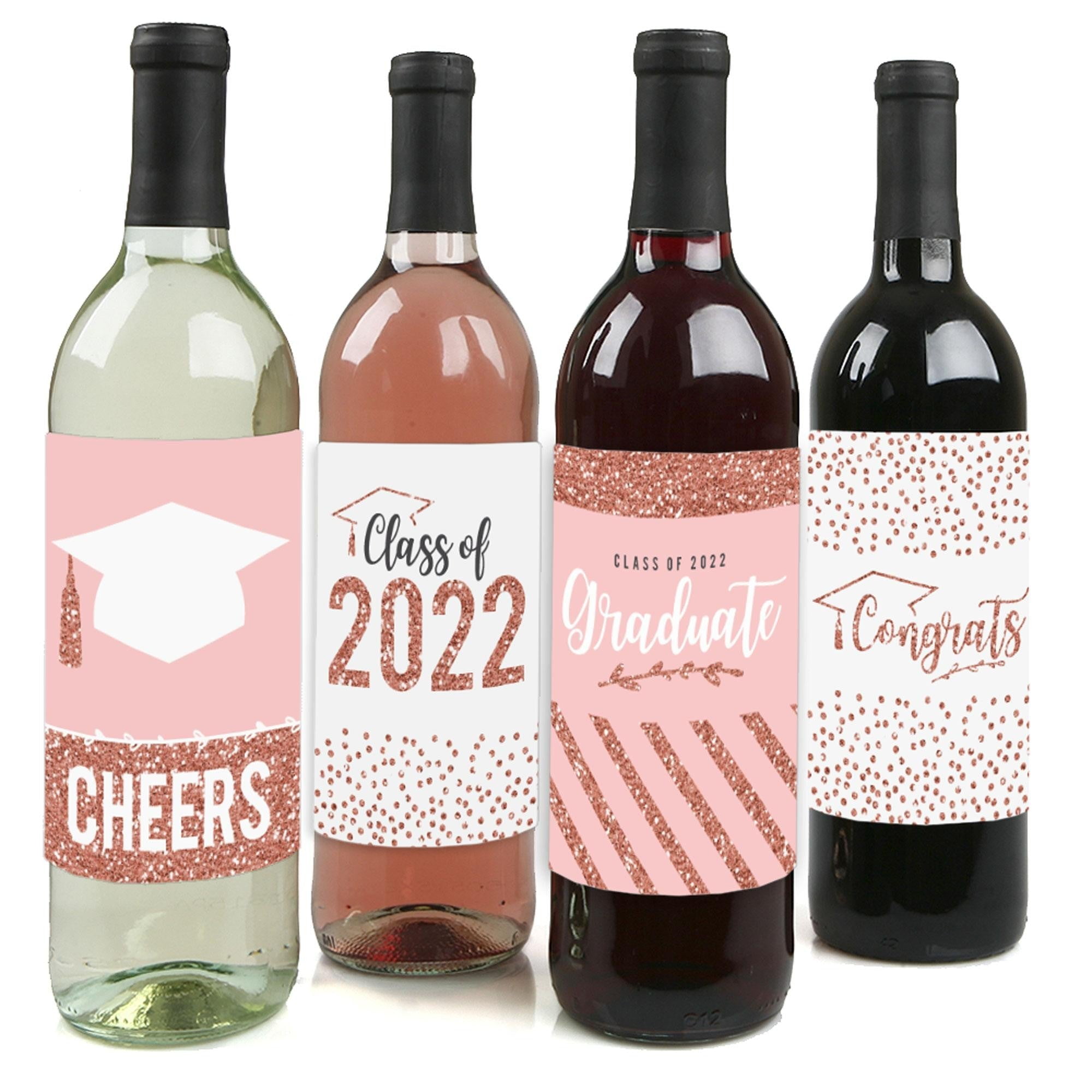 Big Dot of Happiness Rose Gold Grad - 2022 Graduation Party Decorations - Wine Bottle Label Stickers - 4 Ct