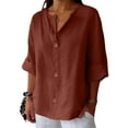 thumbnail image 2 of Tianiyouqing Womens Shirts 3/4 Sleeve Cotton Linen Gauze Tops Casual Button V Neck Button Blouses Loose Fit Coffee S, 2 of 7