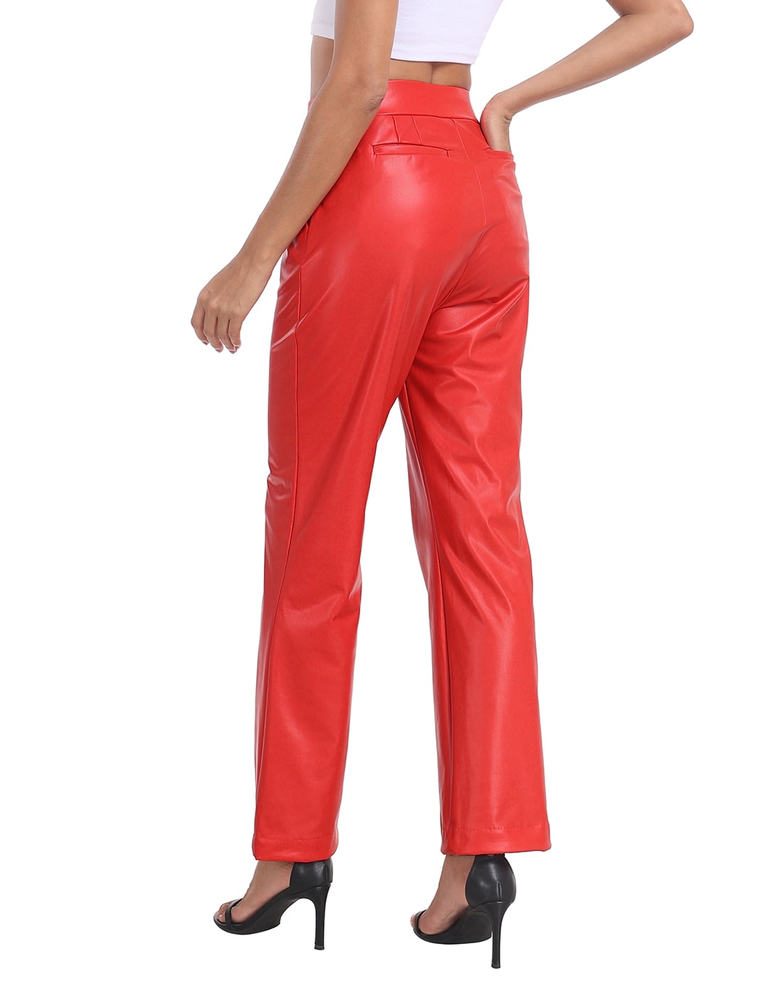 HDE Women's Pull On Faux Leather Kick Flare Pants with Pockets Red - S