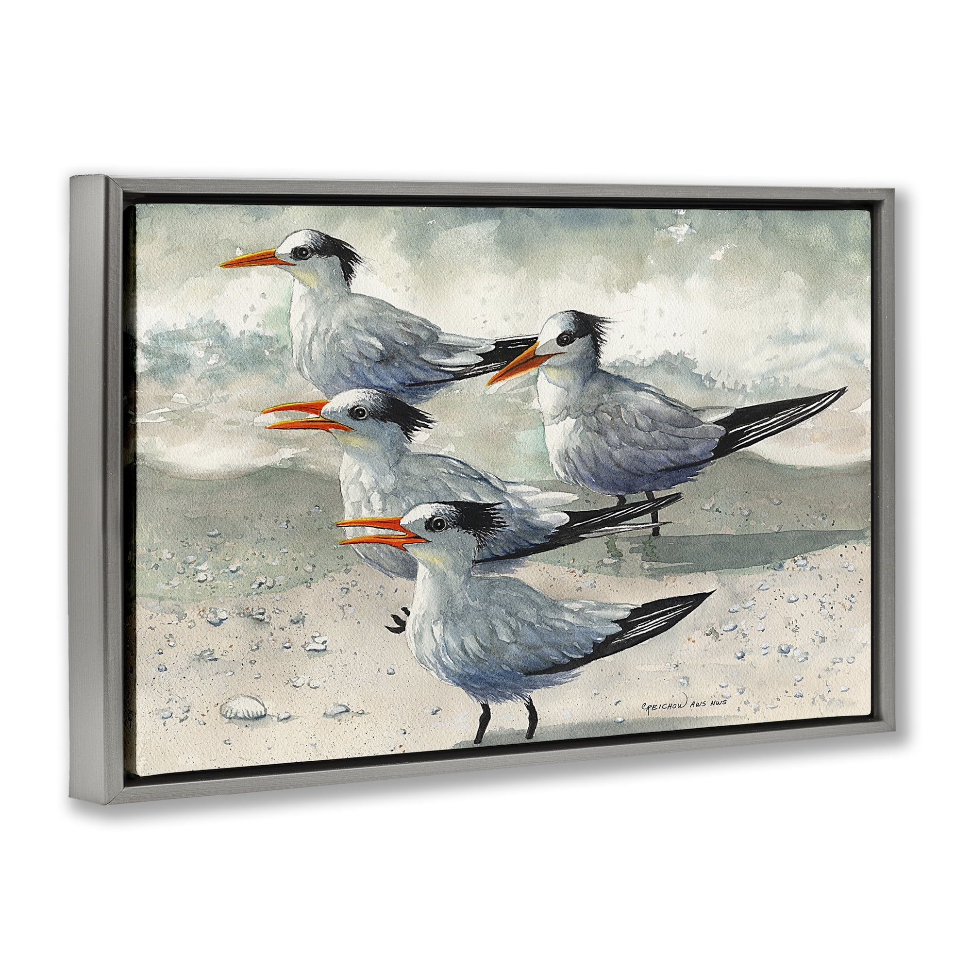 Stupell Industries Birds on Sandy Beach Animals & Insects Painting Gray Floater Framed Canvas Art Print Wall Art, 25 x 17