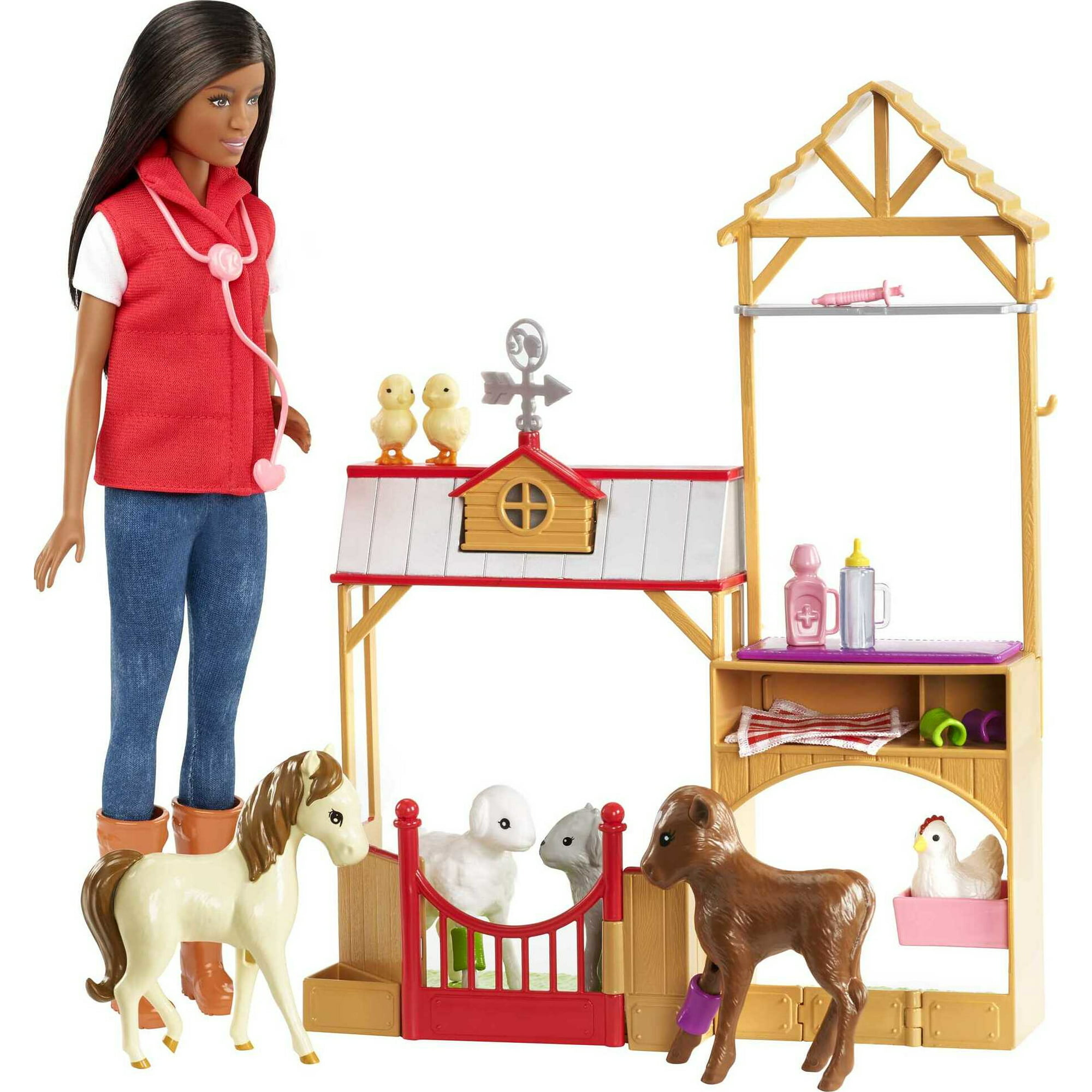 Barbie Sweet Orchard Farm Doll & Playset, Brunette Doll with Barn Frame, 7 Animals & 10 Acceessories