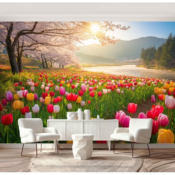 Wall Mural Peel and Stick Sunlit Tulip Field Cherry Blossoms River Landscape Self-Adhesive Wallpaper Removable Wall Decal Wall Sticker Home Decor for Living Room Bedroom 69"x96"