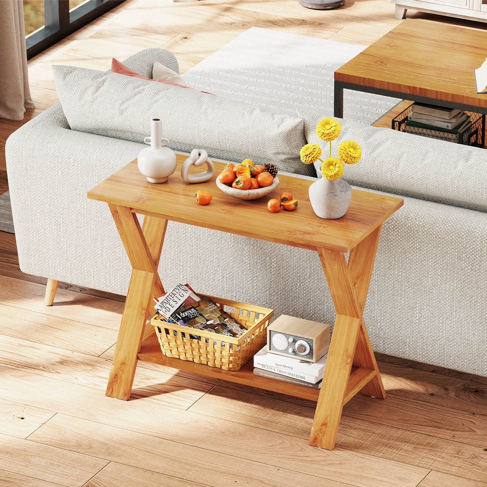 Costway 35.5-Inch Long Entryway Table with Storage Shelf Solid Teak Wood Console Table