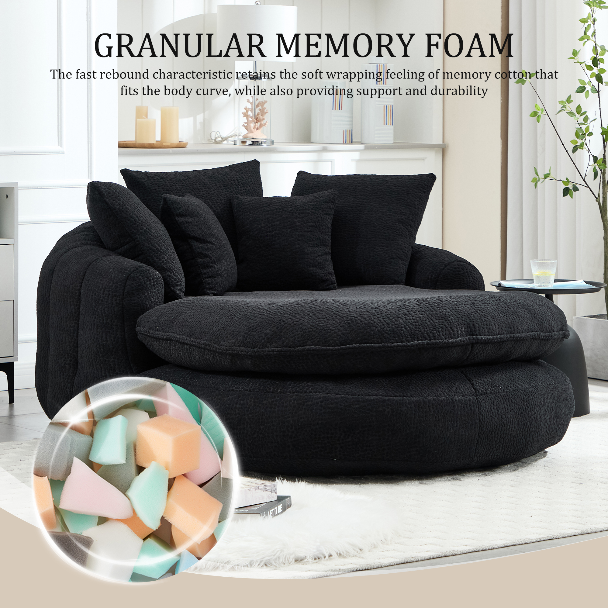 MOONMISS Chenille Upholstered Oversized Wrap Around Deep Seat Bean Bag Lazy Sofa with 5 Pillows-Black