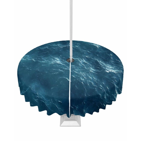 nqOlkjepod Dark Blue Nautical Outdoor Tablecloth with Umbrella Hole & Zipper, Ocean Beach Coastal Seaside Round Table Cover 54 Inch, Dining Waterproof Table Cloth Protector for Patio/Party/Picnic