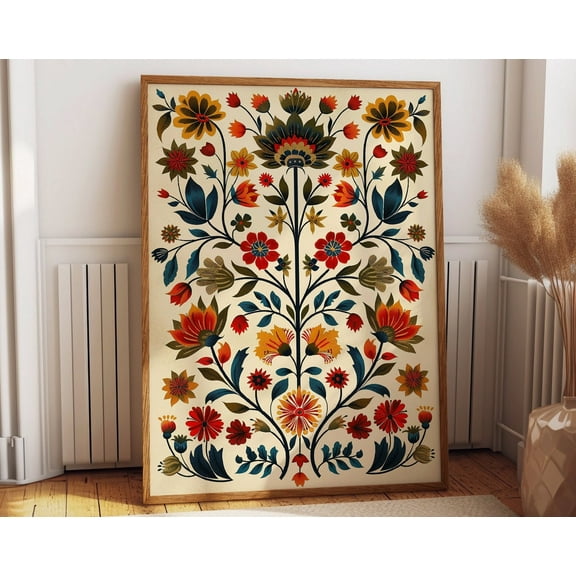 Indian Floral Art Poster - Rich Botanical Illustration - Traditional Folk Art Style Wall Art, Modern Wall Decor, 8x12 UNFRAMED
