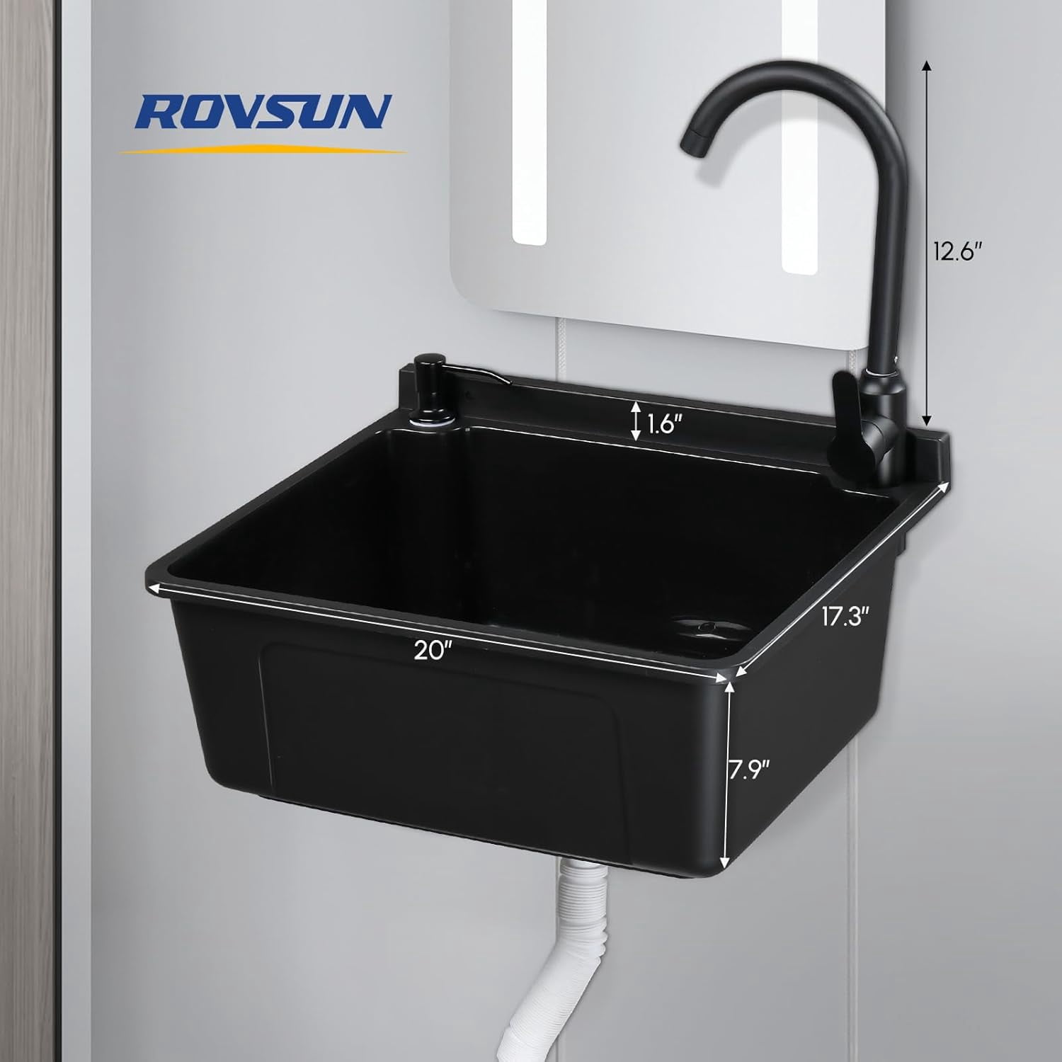 ROVSUN Plastic Wall-Mounted Utility Sink, Wall-Mounted Utility Tub with Wall Bracket, Hot&Cold Faucet, Drain Plug, Perfect for Basement, Laundry Room, Garage or Shop and More, Black