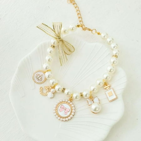 Pet Bow Pearl Collar Cat Jewelry Pendant Princess Necklace Dog Sweet Decorations Puppy Rhinestone Collar Chihuahua Accessories (White L 32-40CM)