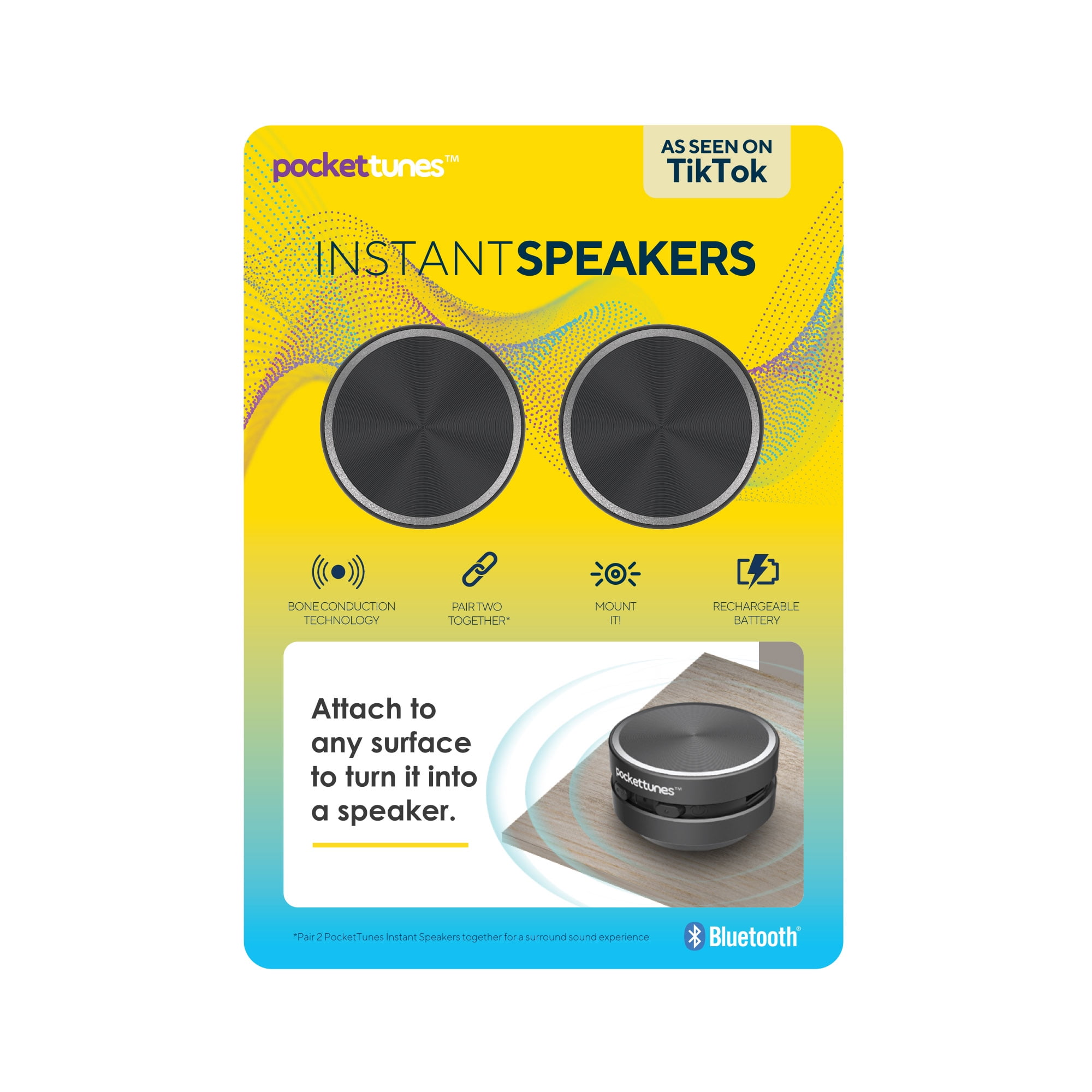 PocketTunes Bone Conduction Instant Mini Speakers with Bluetooth Wireless Technology, Pack of 2 (Black)