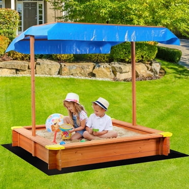 GVDV Sandbox, Wooden Sandpit with Adjustable Canopy for Backyard, 46.5 x 46.5 inches
