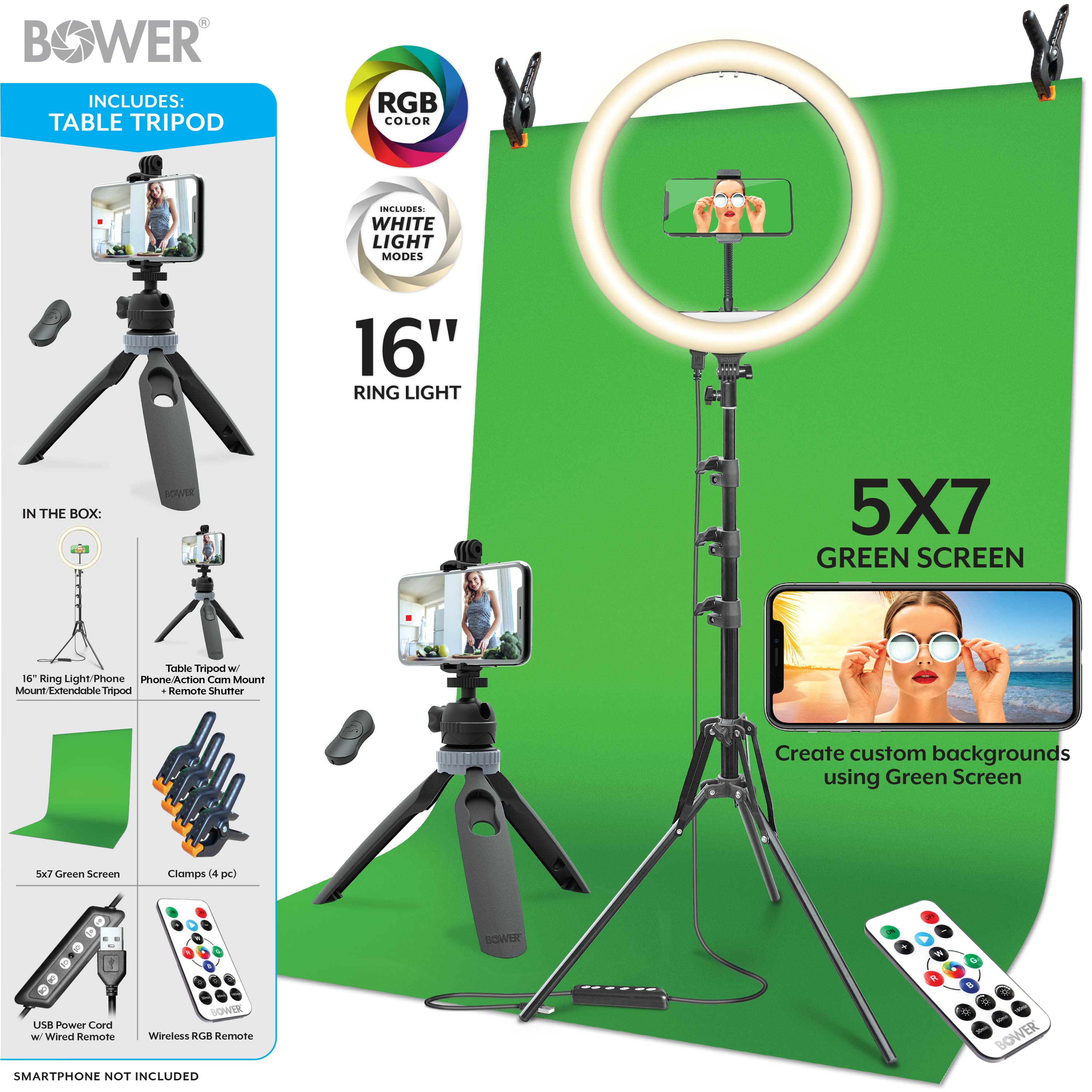 Bower Content Creator Kit with16-inch RGB Ring Light, 62-inch Adjustable Tripod, and Green Screen for Content Creation Camera Accessory - image 2 of 7