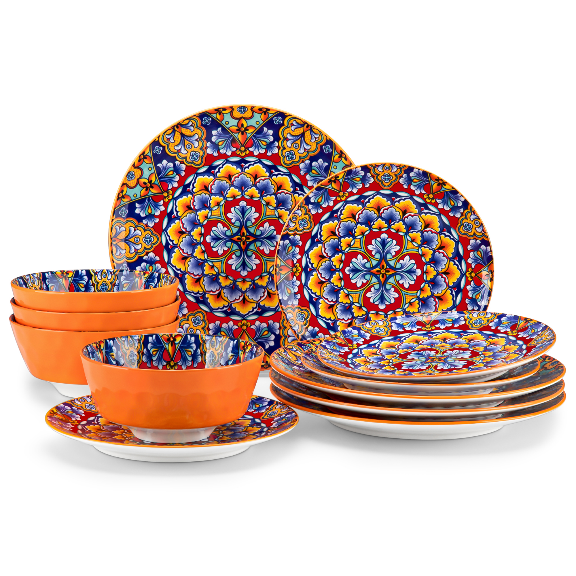 Malacasa 12 Pcs Dinnerware Sets, Ceramic Plates and Bowls Set, Porcelain Tableware Dishwasher Microwave Safe, Serves for 4 People, Bohemian Orange