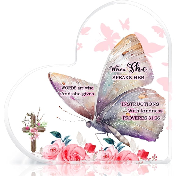 Christian Gifts for Women, Catholic Gifts, Religious Gifts, Inspirational Gifts with Bible Verse and Prayers, Pink Butterfly Acrylic Hearts Decoration for Friend Home Office (When She)