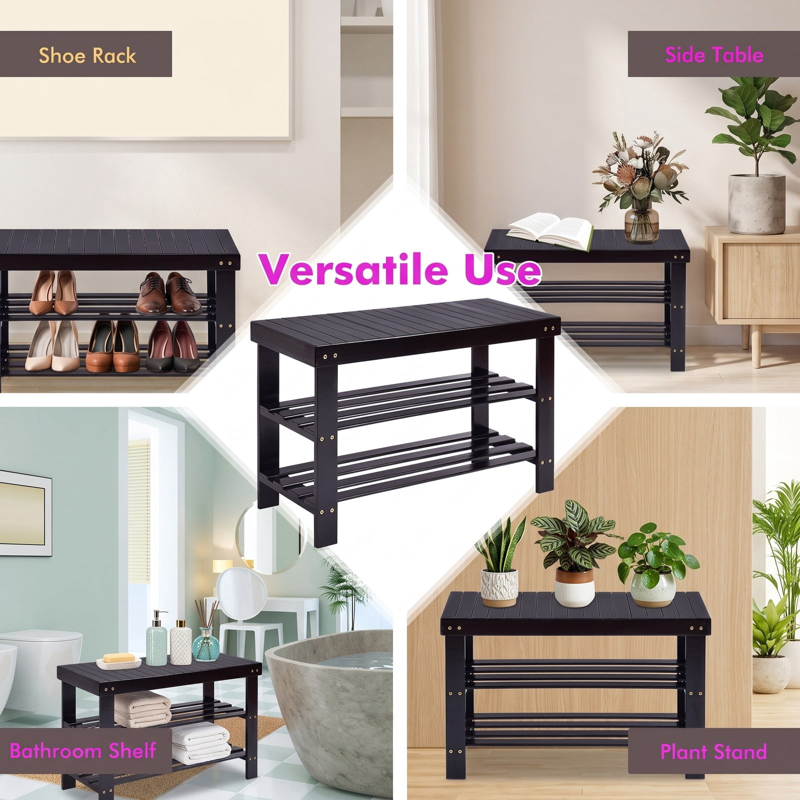 Furnibear 3-Tier Bamboo Shoe Bench with Bench Seat and 2 Slatted Storage Shelves for Entryway Bedroom and Bathroom, Black