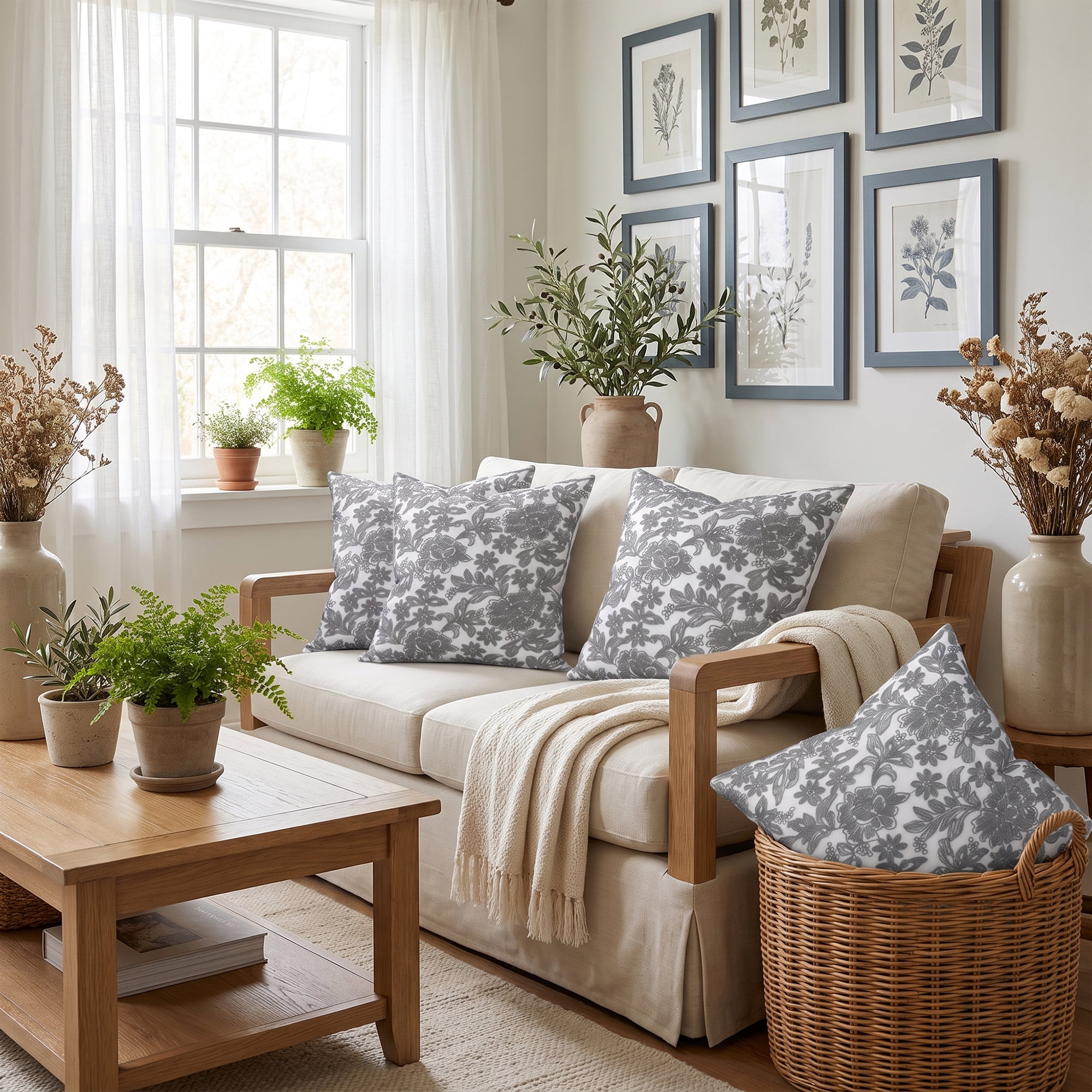 Unique Bargains Elegant Vintage Floral Throw Pom-Pom Pillow Covers Grey 18" x 18"