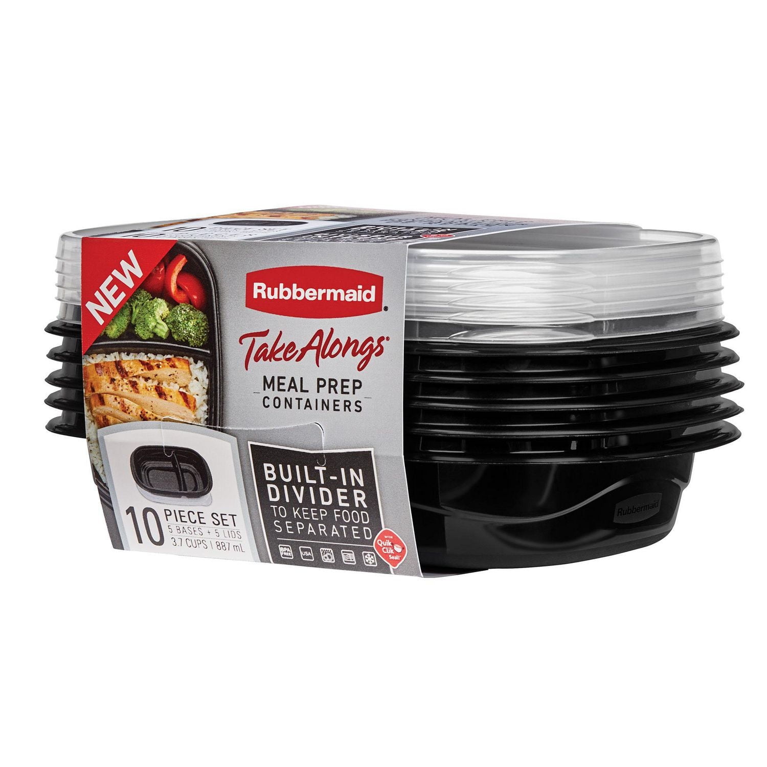 Rubbermaid TakeAlongs 3.7-Cup Food Storage Containers with Divided Base, Black, 10 Piece Set