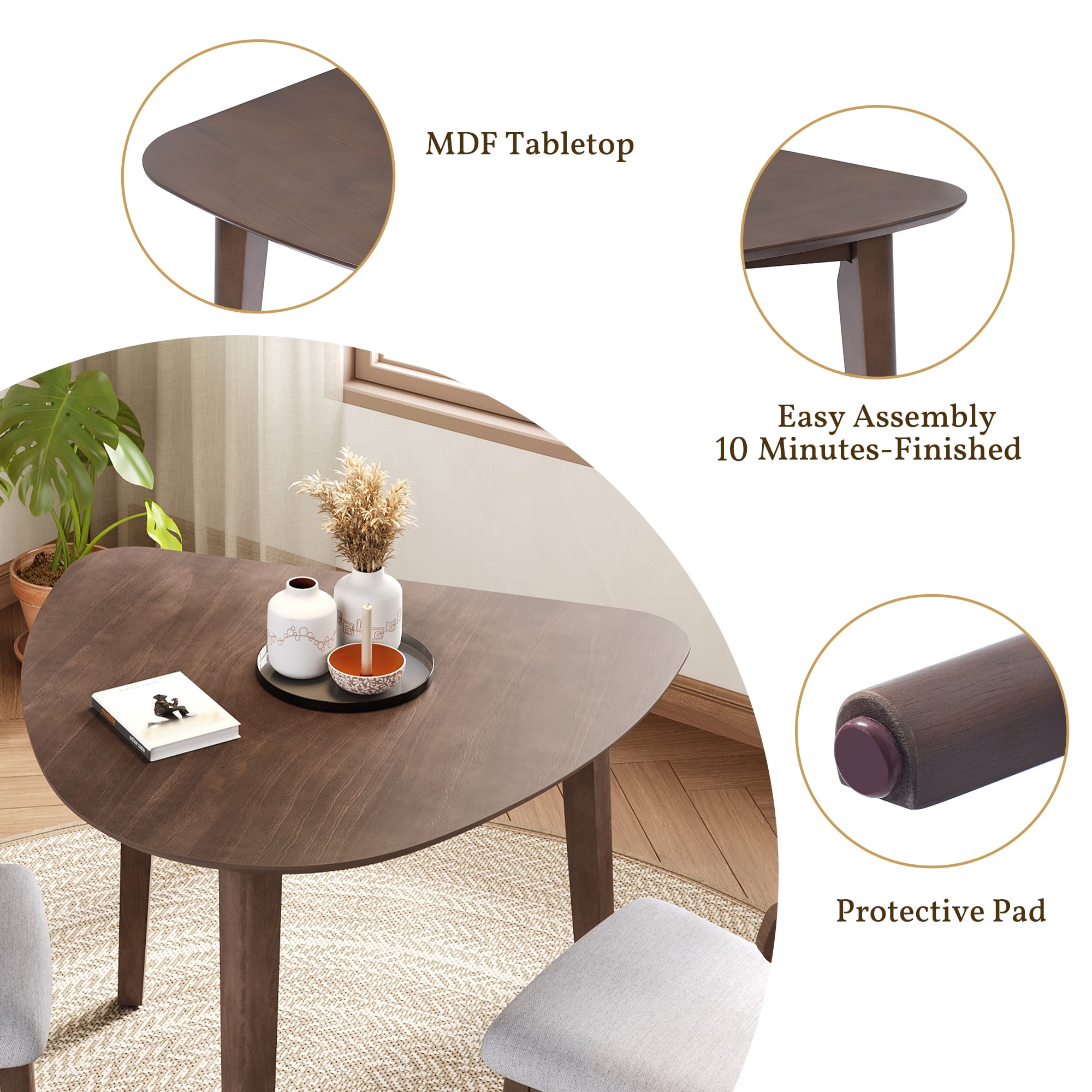 GARITIN 3-Piece Modern Table Set, Triangular Side Table & 2 Curved Wood Chairs, Minimalist Space-Saving Dining Set for Living Room Kitchen Small Space, Brown