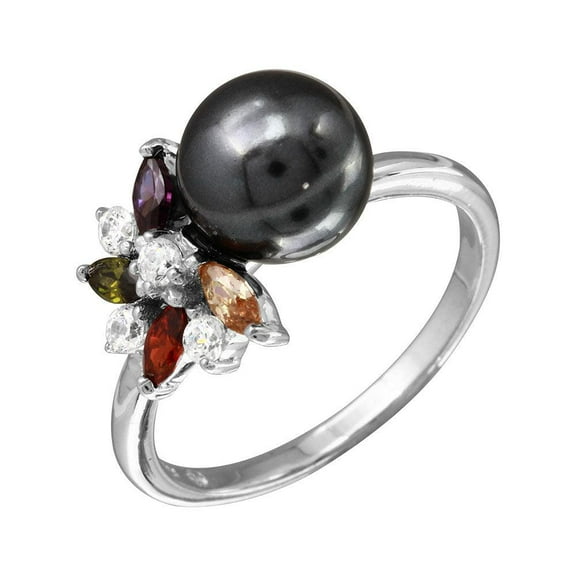 Rhodium Plated Sterling Silver Flower Ring Black Simulated Pearl Jewelry Female Male Unisex Size 7