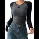 thumbnail image 3 of Camisas de Larga para Mujer, Corte Ajustado, Elásticas, con Bloques de Color y Ligeramente Recortadas. Estrellas Gris Oscuro L, 3 of 7