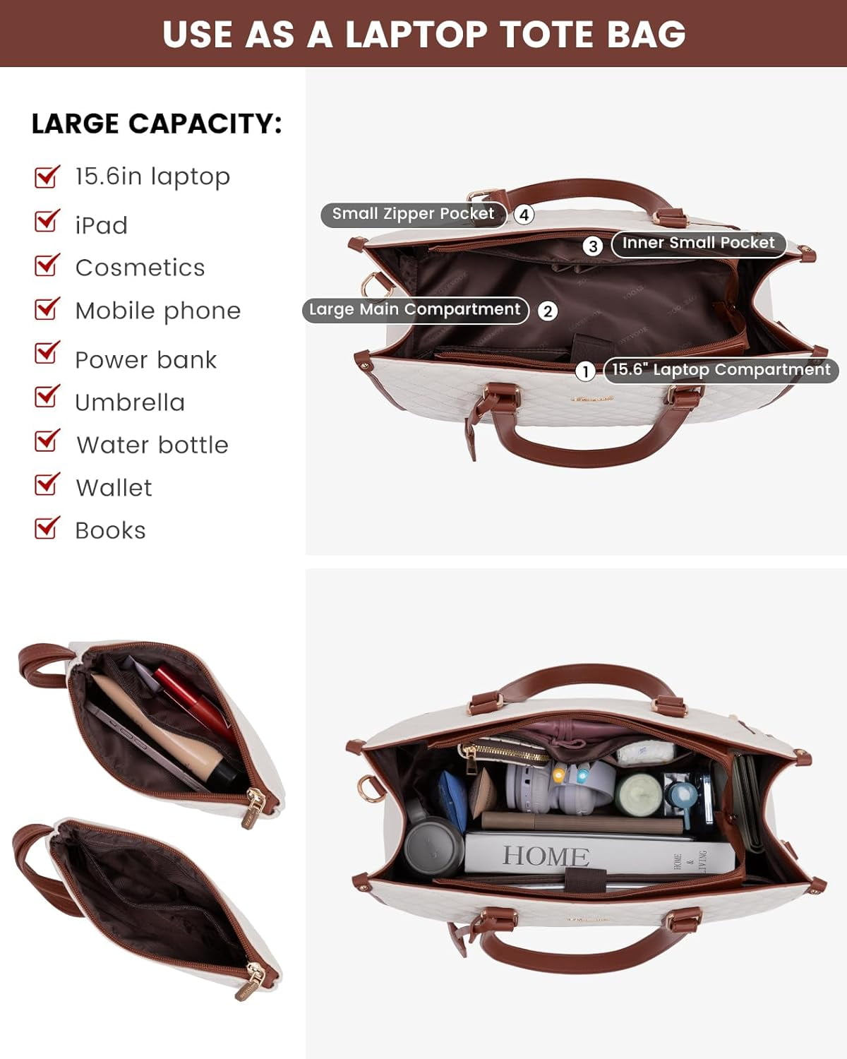 Lovevook Work Tote Bag for Women, Classic Quilted Pu Leather Handbag Purses with 15.6 in Laptop comparment and Insulated Lunch Compartment better for work lunch nurse college picnic drinks casul